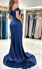 L1263 - Courture Simple Ruched With Train And Slit Evening Prom Formal Party Dress