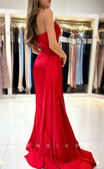L1265 - Sexy Simple Ruched Strapless With Train And Slit Formal Party Evening Prom Dress