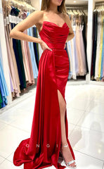 L1265 - Sexy Simple Ruched Strapless With Train And Slit Formal Party Evening Prom Dress