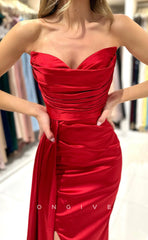 L1265 - Sexy Simple Ruched Strapless With Train And Slit Formal Party Evening Prom Dress