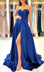 L1266 - Couture Simple Ruched Strapless With Train And Slit Party Evening Prom Formal Dress