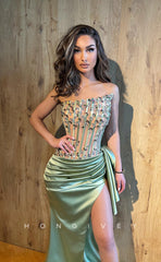 L1268 - Crystal Beaded Strapless With Train And Slit Evening Prom Formal Party Dress