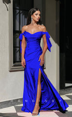 L1281 - Simple Lace-Up Ruched With Train And Slit Prom Formal Party Evening Dress