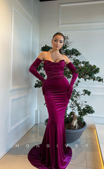 L1297 - Ruched Long Sleeves Strapless Mermaid With Train Party Prom Evening Formal Dress