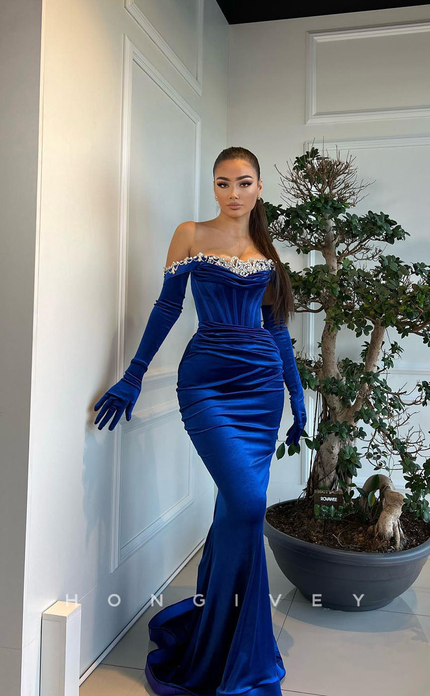 L1298 - Crystal Beaded Ruched Long Sleeves Mermaid With Train Prom Evening Formal Party Dress