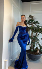 L1298 - Crystal Beaded Ruched Long Sleeves Mermaid With Train Prom Evening Formal Party Dress