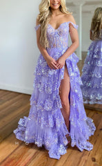 L1303 - Glitter Off-Shoulder Illusion Cutout Appliques With Side Slit Prom Formal Party Evening Dress