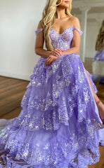 L1303 - Glitter Off-Shoulder Illusion Cutout Appliques With Side Slit Prom Formal Party Evening Dress