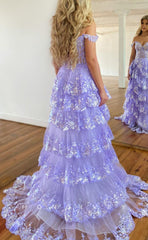 L1303 - Glitter Off-Shoulder Illusion Cutout Appliques With Side Slit Prom Formal Party Evening Dress