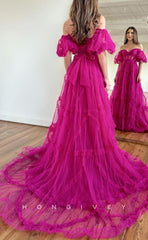 L1304 - Hot Sweetheart Puff Sleeves Gown Bowknot Sash Gown Prom Formal Party Evening Dress