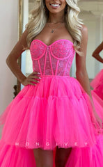 L1306 - Sweet Strapless Sweetheart Illusion Cutout High Low Prom Formal Party Evening Dress