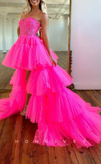L1306 - Sweet Strapless Sweetheart Illusion Cutout High Low Prom Formal Party Evening Dress