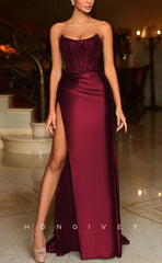 L1315 - Ornate Strapless Scoop With Side Slit Draped Long Evening Prom Dress