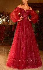 L1319 - Ornate Organza Sleeves With Side Slit Spaghetti Straps Party Prom Formal Evening Dress