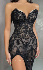 L1322 - Sexy Lace Illusion Strapless Sweetheart Strapless With Side Slit  Party Prom Evening Dress