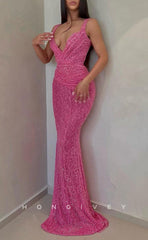 L1324 - Sexy Plunging Neck Spaghetti Straps Fully Sequined Long  Party Prom Evening Dress