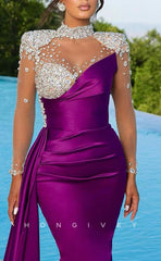 L1331 - Ornate High Neck Long Sleeves Crystal Embellished Ruched Long Party Prom Evening Dress