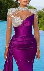 L1331 - Ornate High Neck Long Sleeves Crystal Embellished Ruched Long Party Prom Evening Dress
