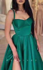 L1332 - Simple & Casual Satin Sweetheart Spaghetti Straps With Side Slit Party Prom Evening Dress