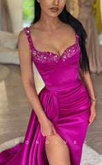 L1333 - Sexy Satin Sweetheart Spaghetti Straps Sequined Ruched Embellished With Train Party Prom Evening Dress