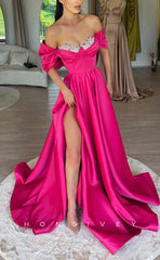 L1341 - Sexy Satin Off-Shoulder Empire Ruched With Side Slit  Party Prom Evening Dress