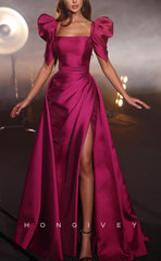 L1350 - Elegant & Luxurious Square Puff Sleeves Gown With Slit Party Prom Evening Dress