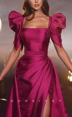 L1350 - Elegant & Luxurious Square Puff Sleeves Gown With Slit Party Prom Evening Dress