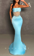 L1353 - Sexy Fitted Strapless Illusion Rhinestone Embellished Trumpet Party Prom Evening Dress