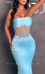 L1353 - Sexy Fitted Strapless Illusion Rhinestone Embellished Trumpet Party Prom Evening Dress