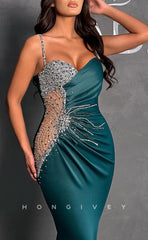 L1354 - Chic & Modern Crisscross V-Neck Spaghetti Straps Ruched Rhinestone Party Prom Evening Dress