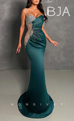 L1354 - Chic & Modern Crisscross V-Neck Spaghetti Straps Ruched Rhinestone Party Prom Evening Dress