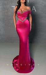 L1357 - Sexy Satin Off-Shoulder Pleats Floor-Length Trumpet Party Prom Evening Dress