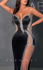 L1358 - Sexy Black Illusion Cutout Strapless With Side Slit Beaded Party Prom Evening Dress