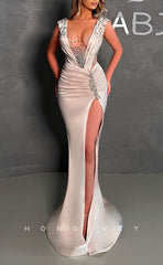 L1360 - Sexy Satin Plunging Illusion Ruched With Side Slit Trumpet Party Prom Evening Dress