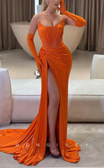 L1361 - Sexy Bateau Strapless Empire Ruched With Side Slit And Train Party Prom Evening Dress