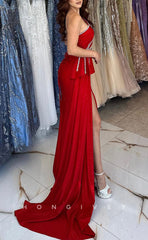 L1368 - Sexy Red One Shoulder Illusion Empire With Side Slit Long Party Prom Evening Dress