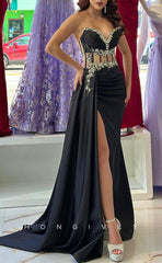 L1371 - Sexy Black Illusion Sweetheart Ruched With Side Slit Party Prom Evening Dress