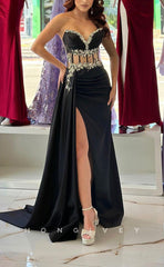 L1371 - Sexy Black Illusion Sweetheart Ruched With Side Slit Party Prom Evening Dress