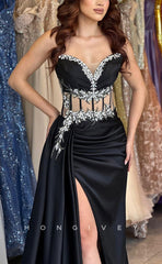 L1371 - Sexy Black Illusion Sweetheart Ruched With Side Slit Party Prom Evening Dress