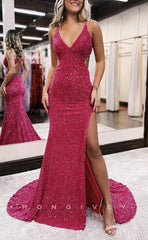 L1377 - Sexy Glitter V-Neck Spaghetti Straps Backless Sequined With Side Slit Party Prom Evening Dress