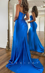 L1375 - Sexy Sweetheart Strapless Ruched With Side Slit Lace-Up Party Prom Evening Dress