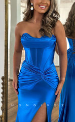 L1375 - Sexy Sweetheart Strapless Ruched With Side Slit Lace-Up Party Prom Evening Dress