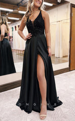 L1382 - Classic Black A-Line Empire V-Neck Spaghetti Straps With Pockets Sequins Party Prom Evening Dress