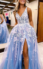 L1390 - Elegant A-Line Empire Spaghetti Straps Tulle Appliques Floor-Length Party Prom Evening Dress