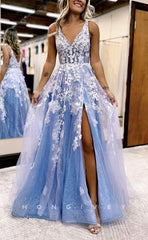 L1390 - Elegant A-Line Empire Spaghetti Straps Tulle Appliques Floor-Length Party Prom Evening Dress