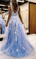 L1390 - Elegant A-Line Empire Spaghetti Straps Tulle Appliques Floor-Length Party Prom Evening Dress