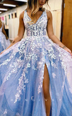 L1390 - Elegant A-Line Empire Spaghetti Straps Tulle Appliques Floor-Length Party Prom Evening Dress