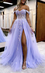 L1392 - Sexy A-Line Empire Illusion Off-Shoulder Appliques With Side Slit Party Prom Evening Dress