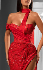 L1395 - Sexy Red Glitter One Shoulder Ruched With High Slit Fully Sequined Party Prom Evening Dress