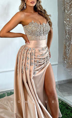 L1400 - Sexy Fitted Glitter Strapless Sleeveless Beaded With Side Slit Party Prom Evening Dress